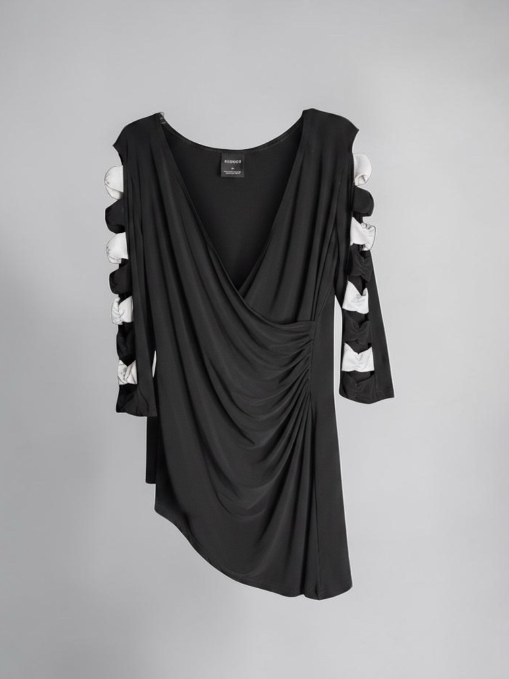 Cartise Black Cold Shoulder Draped Tunic Dress L/G Black White Accent Sleeves